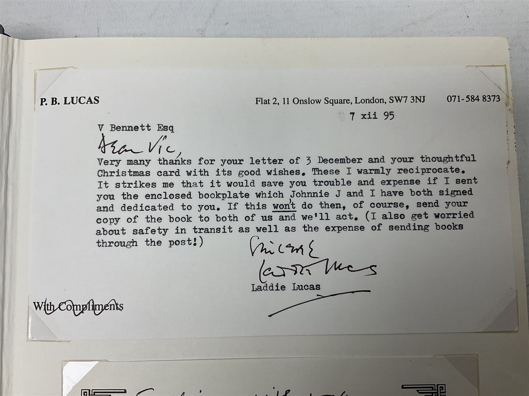 Winged Victory. 1995. Loose mounted signed dedication note and bookplate on the fep from the authors Wing Commander P.B. (Laddie) Lucas and Air Vice-Marshall J.E. (Johnnie) Johnson with duplicate signatures on the title page. Unclipped dustjacket.