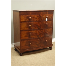 Victorian mahogany bow front chest, two short and three long drawers with figured fronts, turned handles and feet, W107cm, H120cm, D54cm  