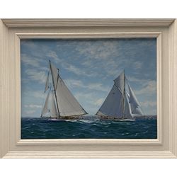 James Miller (British 1962-): 'Mariquita' & 'Tuisa' on the Solent , oil on canvas signed, titled verso 29cm x 39cm