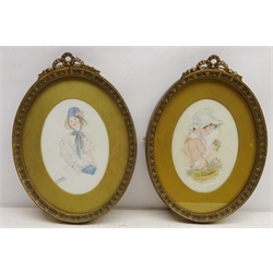  Portraits of Ladies, pair oval watercolours signed P. Oliver, one dated 1916, 15.5cm x 11cm in matching oval gilt frames (2)  