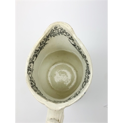 A 19th century Staffordshire pottery pearlware Crimea commemorative jug, black transfer printed with battle scenes, entitled Battle of Alma, Charge of the Highlanders, and Storming the Malakhofi, H18cm. 