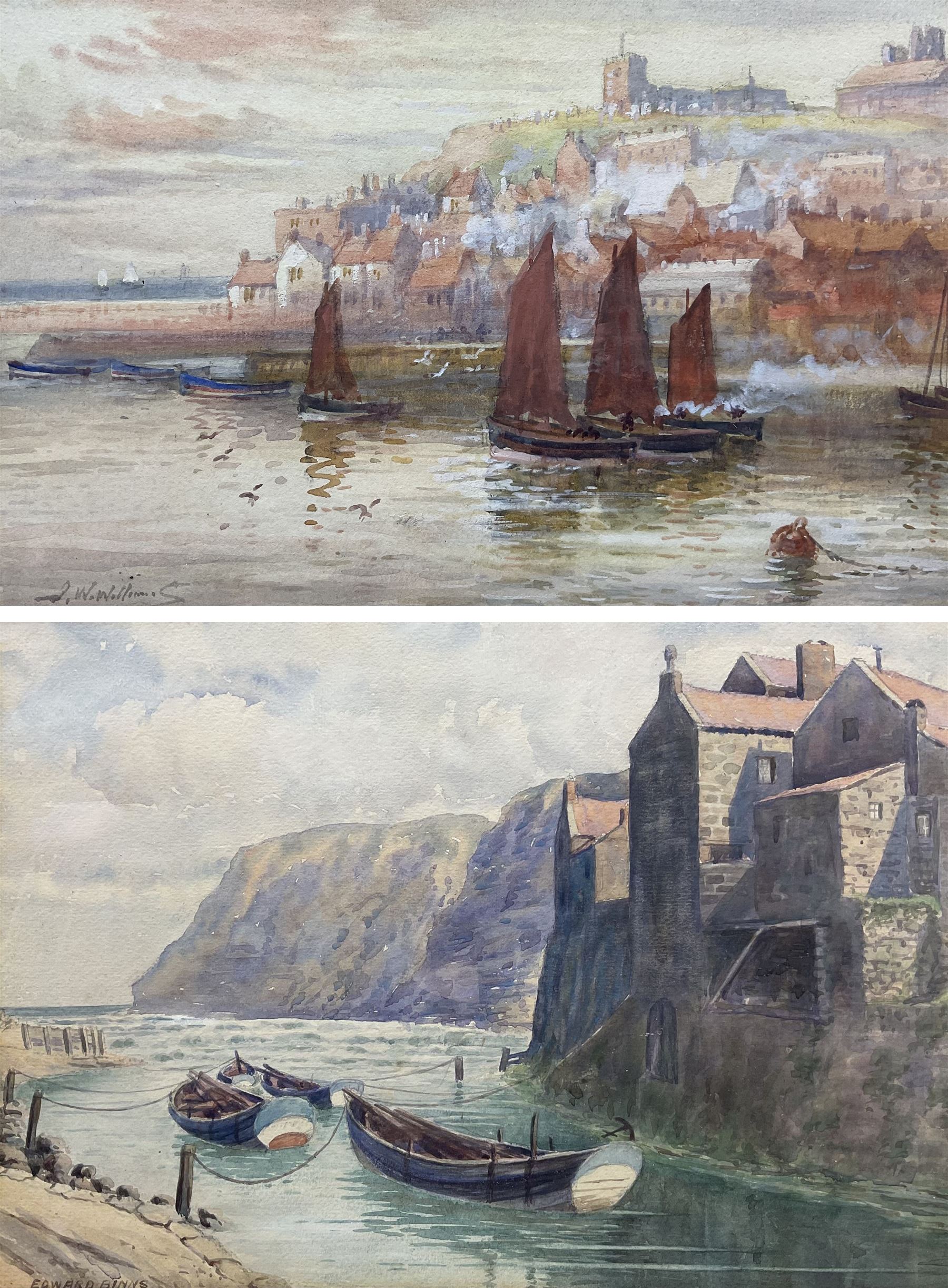John Wynne Williams (British fl.1900-1920): Whitby Harbour, watercolour heightened with white 16cm x 25cm; Edward Binns (British Early 20th Century): Staithes Harbour, watercolour signed, dated 1907 verso 26cm x 36cm (2)