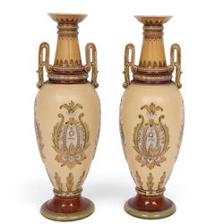 Villeroy & Boch Mettlach, pair of twin handled vases, decorated with floral panels and bea...