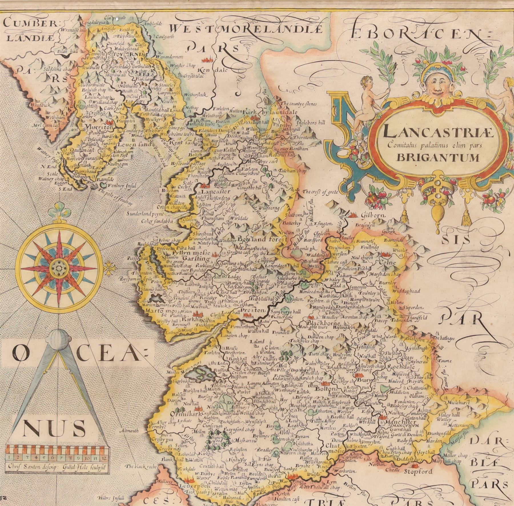 Gulielmus Hole (British ?-1624) and Christopher Saxton (British 1540-1610): 'Lancastriae Comitatus palatinus olim pars Brigantum', 17th century engraved map with hand-colouring of Lancashire 31cm x 31cm