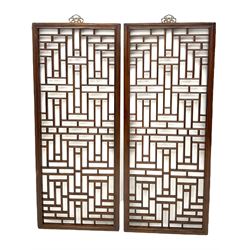 Pair 19th century Chinese lattice wall panels, in moulded frames with metal hangers, the lattice work with reed moulding