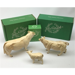 A Beswick Charolais Bull, Charolais Cow, and Charolais Calf, all with maker's boxes, each with printed mark beneath.  