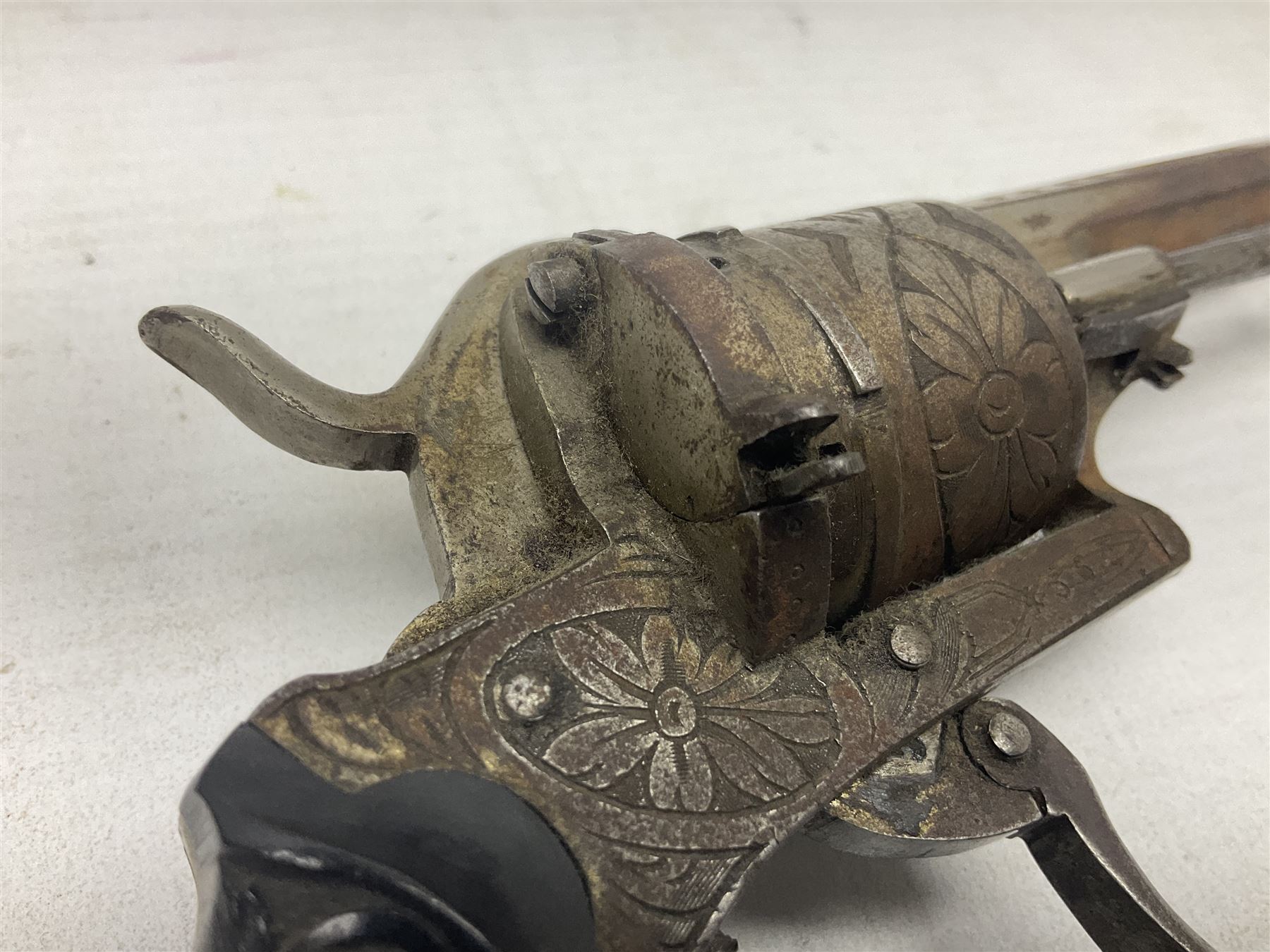 19th century Belgian 7mm pin-fire six-shot revolver with engraved action, folding trigger and ornate grips, ELG proof marks, No.4562 L20cm