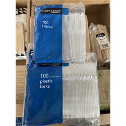 Large quantity of plastic knives, forks, spoons, wooden stirrers, wooden forks, paper straws- LOT SUBJECT TO VAT ON THE HAMMER PRICE - To be collected by appointment from The Ambassador Hotel, 36-38 Esplanade, Scarborough YO11 2AY. ALL GOODS MUST BE REMOVED BY WEDNESDAY 15TH JUNE.