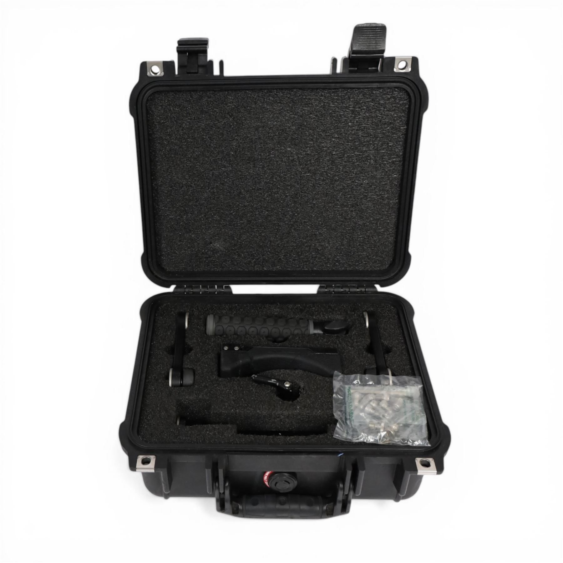 Wooden Camera handheld kit, comprising shoulder pad, two hand grips, two rosette extensions and rosette adapter, contained within a Peli 1400 case