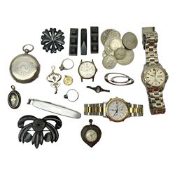 9ct gold stone set pendant, 9ct gold St Christopher charm, silver heart shaped fob watch, silver pocket watch, two Seiko wristwatches, Accurist wristwatch and a collection of costume jewellery
