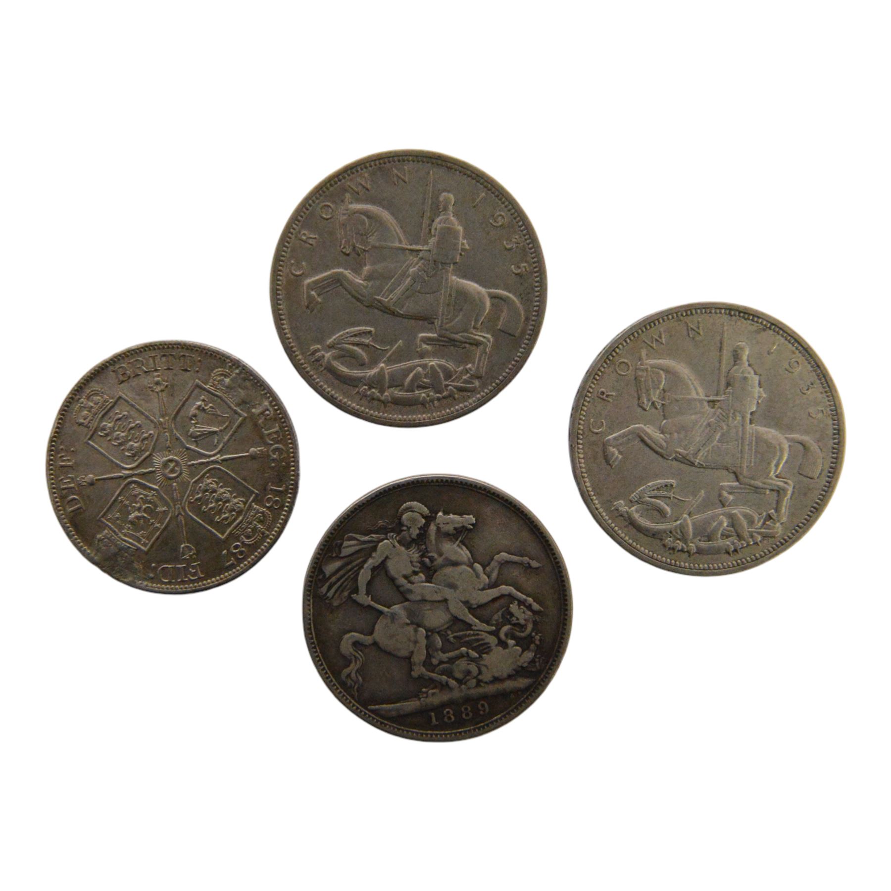 Queen Victoria 1887 silver double florin coin, Queen Victoria 1889 silver one crown coin, and two King George V 1935 silver one crown coins (4)