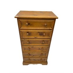 Tall pine chest, fitted with six drawers with moulded fronts