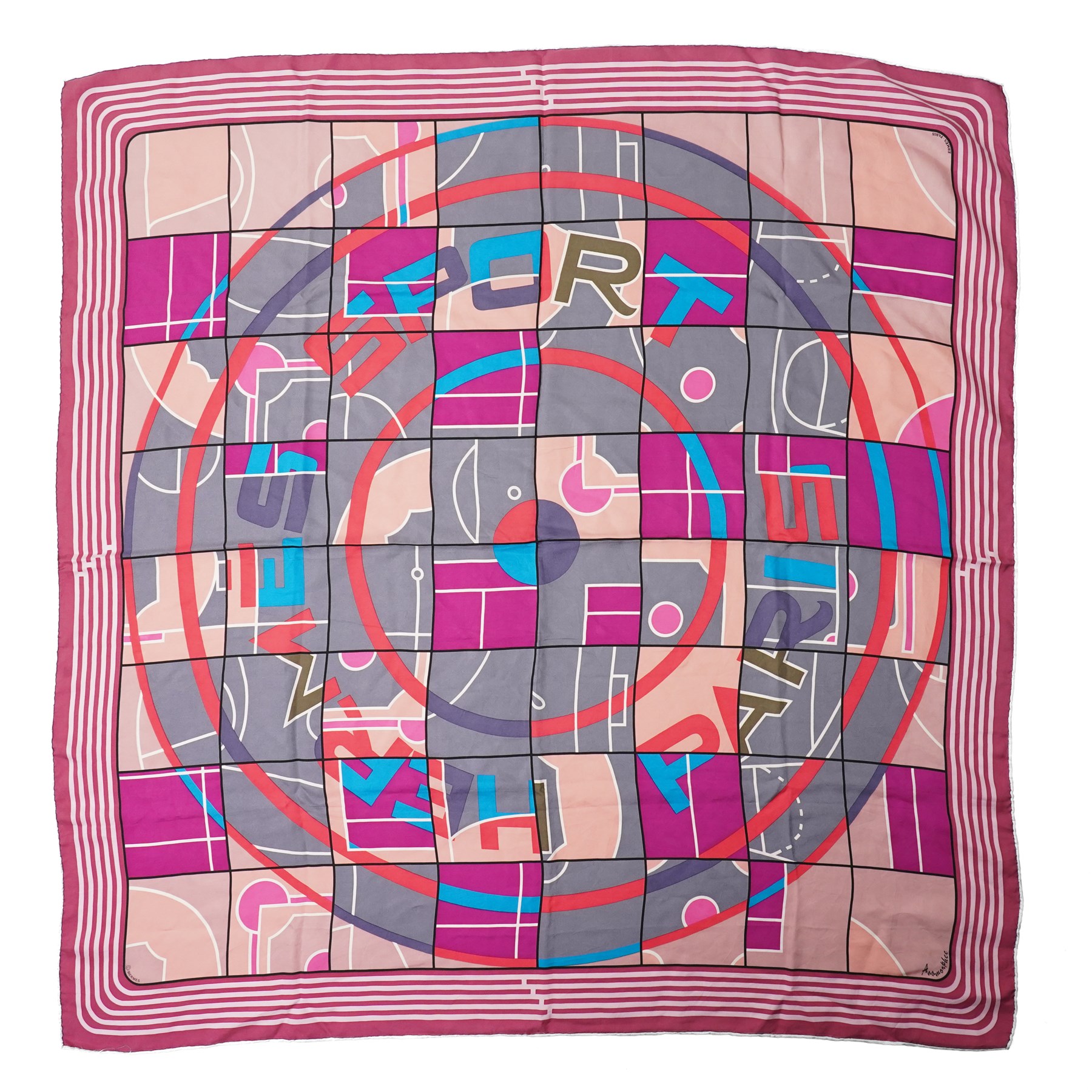 Hermès - ‘Hermès Sport’ silk scarf, designed by Anamorphée, first issued 2013, grey, burgundy, pink, blue and salmon colourway with hand-rolled edges