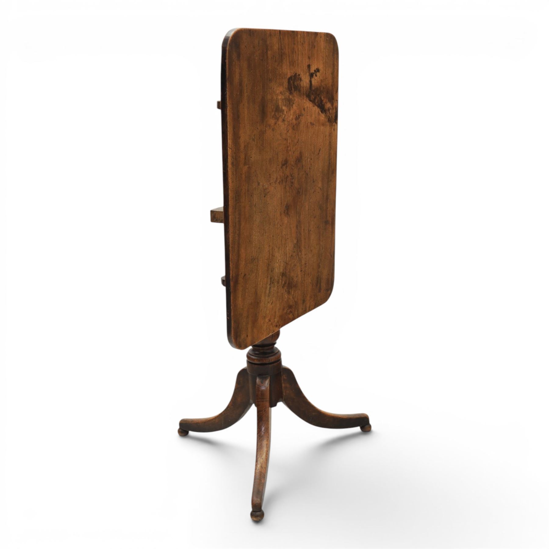 George III mahogany tripod table, rectangular tilt top, raised on a turned column, on splayed supports