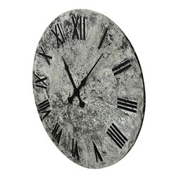 Substantial contemporary wall clock, mottled grey face with black Roman numerals and black spade hands, backed by a grey-painted metal panel