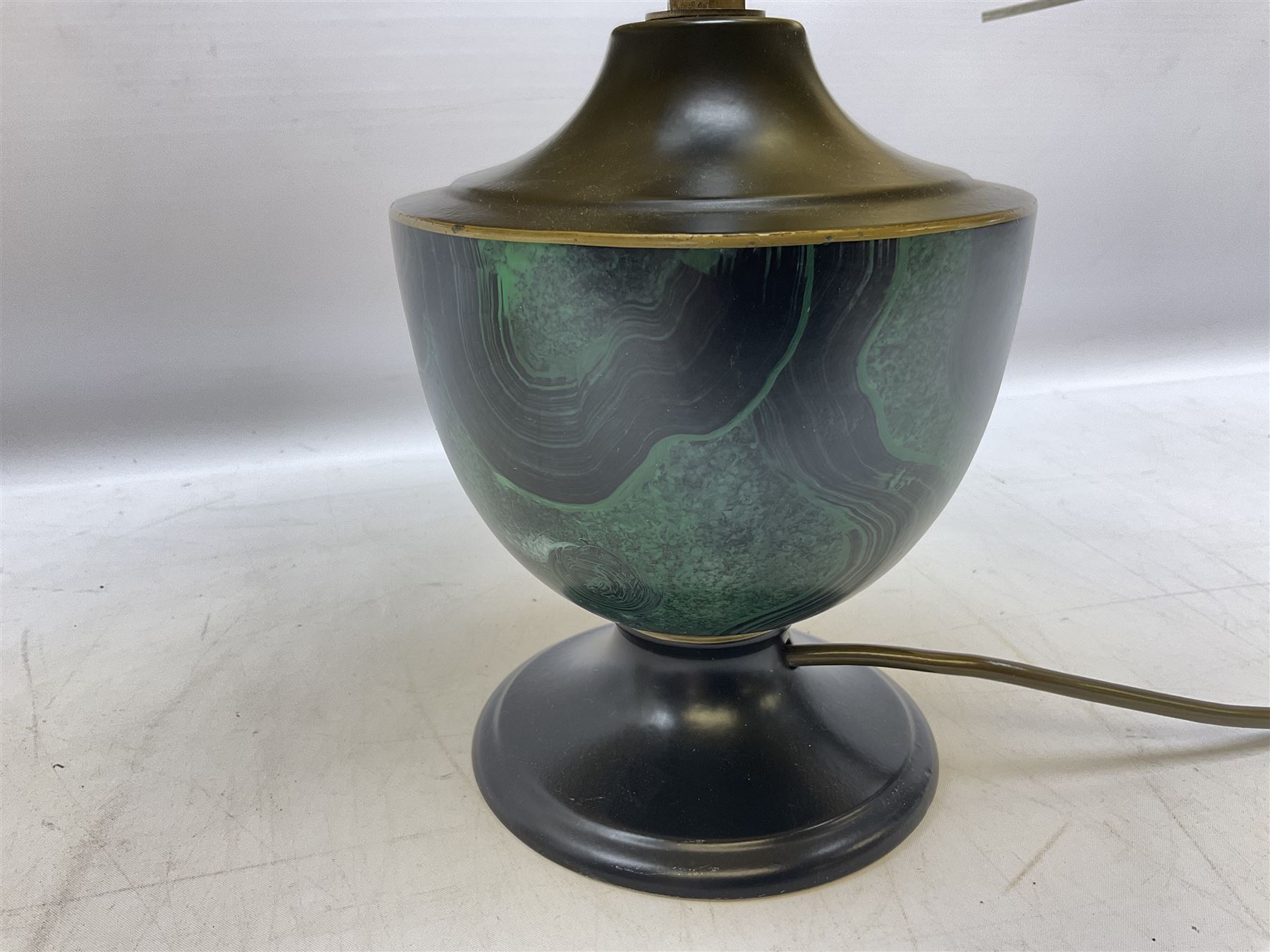 Italian ceramic table lamp decorated with geometric green and black pattern on white ground with gilt metal square plinth base, together with a green and black marbled effect lamp by Holkham pottery, both with shades, tallest H47 incl shade