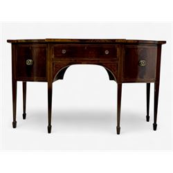 George III mahogany bow-fronted sideboard, serpentine-shaped top with crossbanded and boxwood stringing, over a central drawer flanked by deep cupboards, on square tapering supports terminating in spade feet