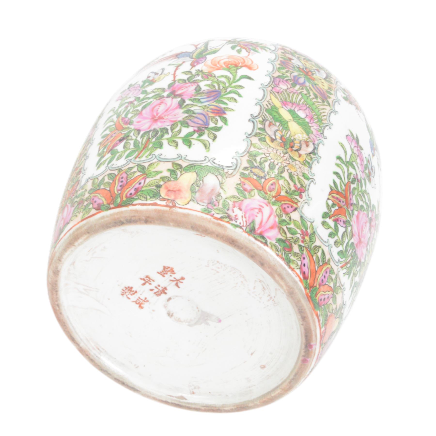 Two Canton famille rose ginger jars and covers, one decorated with birds in blossoming branches, the other with figures in a temple, together with one other jar, H30cm