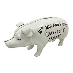 Cast iron reproduction Wm. Moland's Sons Quaker City Hams money box, H9cm