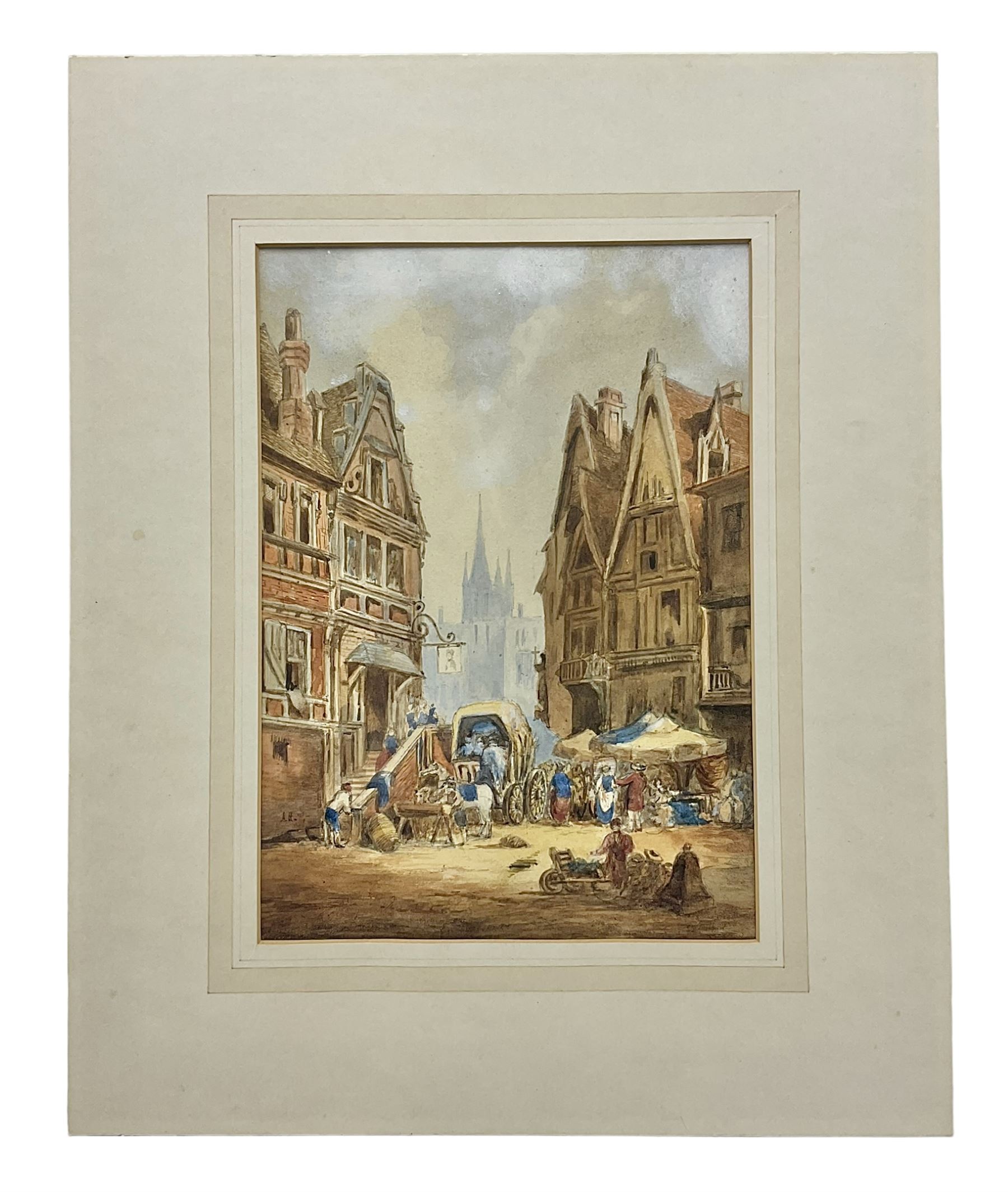 Early 20th century Continental School - watercolour of a Munich street scene entitled verso 'Markttag direkt an der Marienplatz', further manuscript inscription verso 'Eine ruhige Eike des alten Münchens'; signed lower left with initials A.H.; unframed in later mount 28.5 x 20cm. Auctioneer's Note: This painting bears similarities to the work of the young Adolf Hitler during his fifteen month stay in Munich before WWI. Various views of the Marienplatz were painted by Adolf Hitler during this period all signed with his initials and of a similar size and palette. Sold with photocopies of comparable paintings.