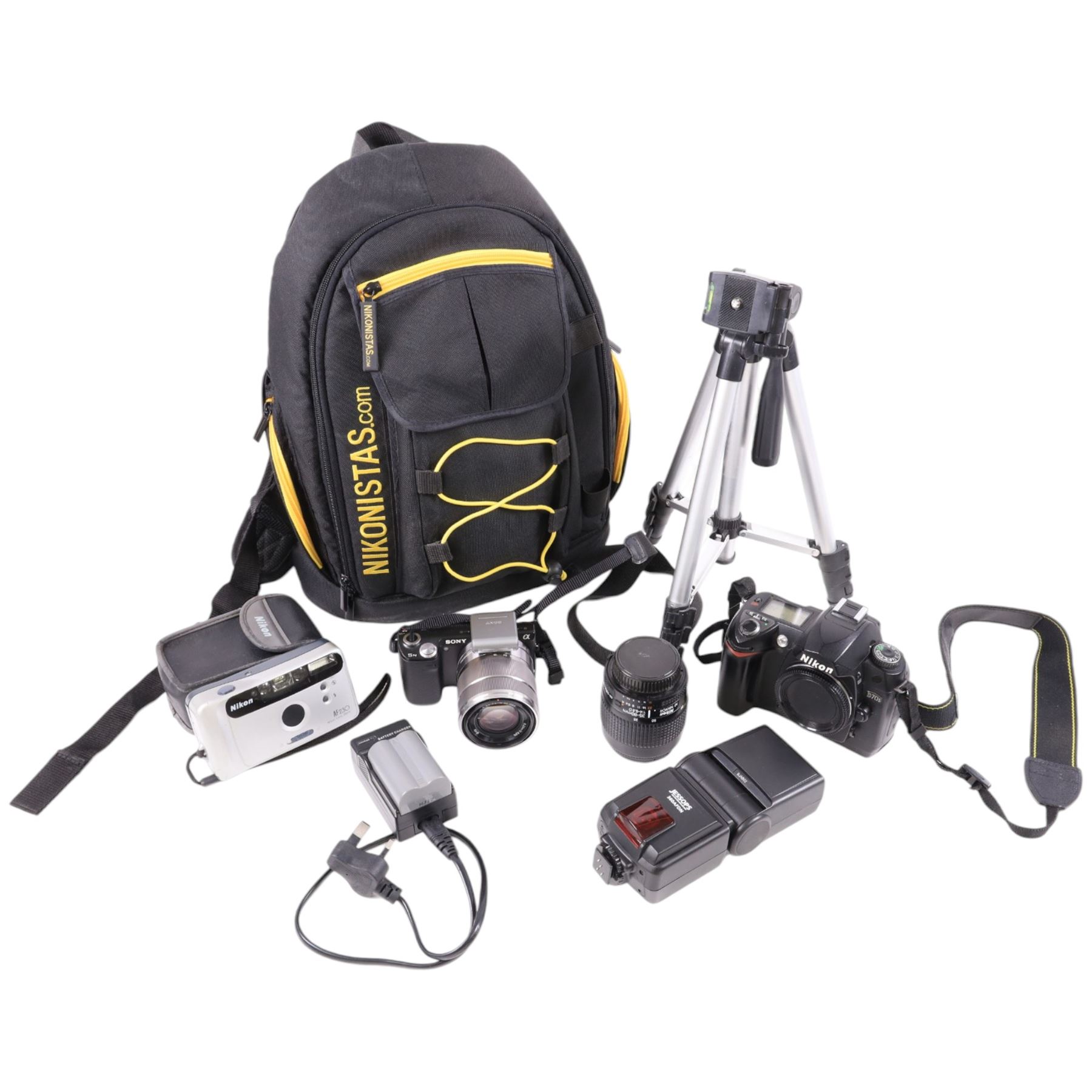 Sony NEX-5N mirrorless digital camera, serial no. 5708532, with a 0.25m/0.82ft E 3.5-5.6/18-55 OSS lens, together with a Nikon D70s camera body, Nikon AF230 and a Nikon 35-80mm lens
