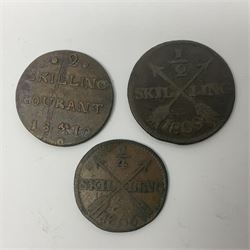 Thirty six late 18th century and onwards United Kingdom and World coins and tokens, to include 1772 Catherine II 5 Kopecks, Swedish quarter and half Skilling pieces dated 1809 and 1806, two Skilling Courant piece dated 1810, 1831 Isle of Man half penny token etc 