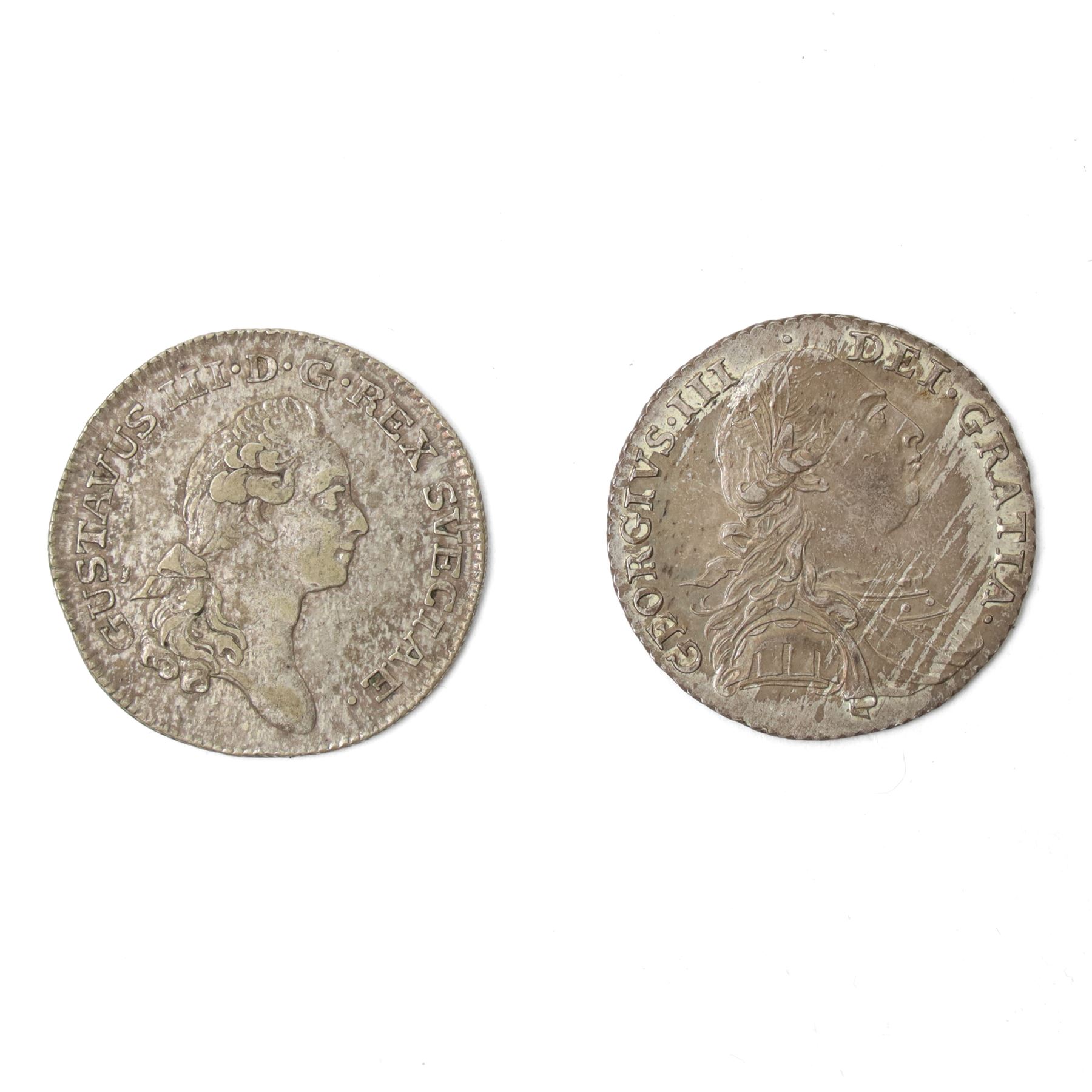 George III silver shilling 1787, Swedish Riksdaler 1/6, and other coins