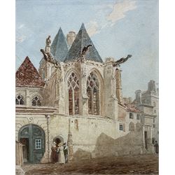John Sell Cotman (British 1782-1842): Figures Gathered Outside a Church, watercolour signed 19.5cm x 16cm