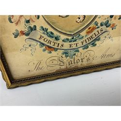 19th century heraldic watercolour depicting 'The Salor's Arms', lion rampant within a shield beneath a knight's helmet, embellished with floral and scrolling decoration, inscribed with family motto 'Fortis et Fidelis' (Strong and Faithful) 