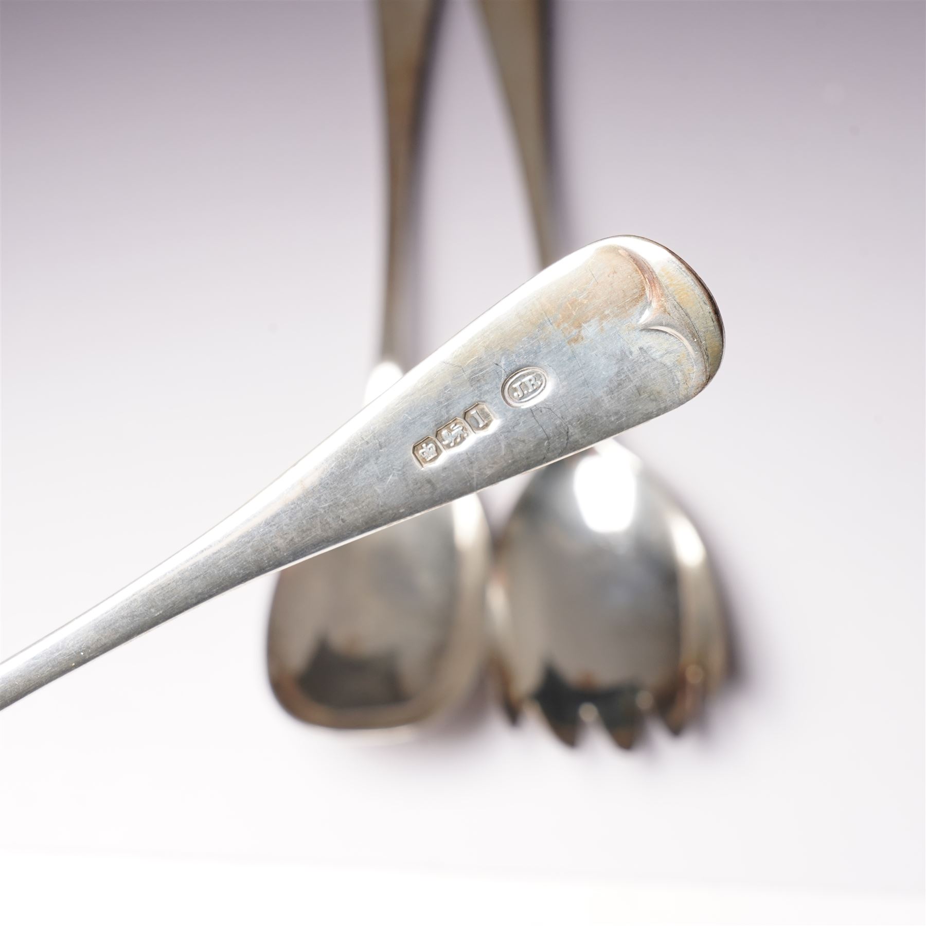 Pair of silver table spoons Sheffield 1928 Maker John Round & Son Ltd and a pair of silver salad servers  Sheffield 1918