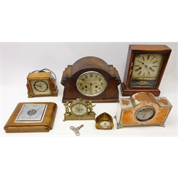  Victorian mahogany cased American mantle clock, Art Deco oak cased mantle clock, similar Elco Synchronous mantle clock, silver-plated mantle clock, barometer etc, in one box (7)   