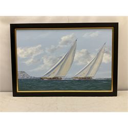 George Drury (British 1950-): J Class Racing Yachts - 'Velsheda and Endeavour off the Needles',  oil on board signed, titled verso 47cm x 73cm