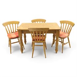 Late 20th century pine farmhouse dining table, rectangular top raised on turned legs, toge...