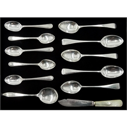 Five early 20th century silver Old English pattern teaspoons, five silver coffee spoons, silver butter knife with mother of pearl handle and one other spoon, all hallmarked, weighable silver approx 6oz 