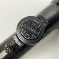 Oigee Berlin Gnomet 2.5x telescopic sight with adjustable quick detachable mounts and picket post graticule; retailers marks for Alex Henry & Co 22 Frederick Street Edinburgh No.6733 L23cm