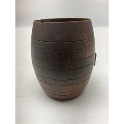 Treen miniature barrel with brass plaque entitled 'From the Teak of HMS Iron Duke Admiral Jellicoe's Flag Ship Jutland 1916' H17cm