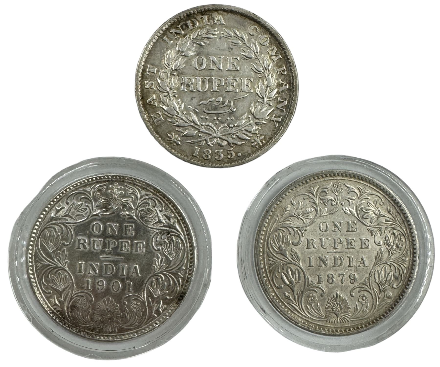 King William IIII East India Company 1835 one rupee and two Queen Victoria India one rupee coins dated 1879, 1901 (3)