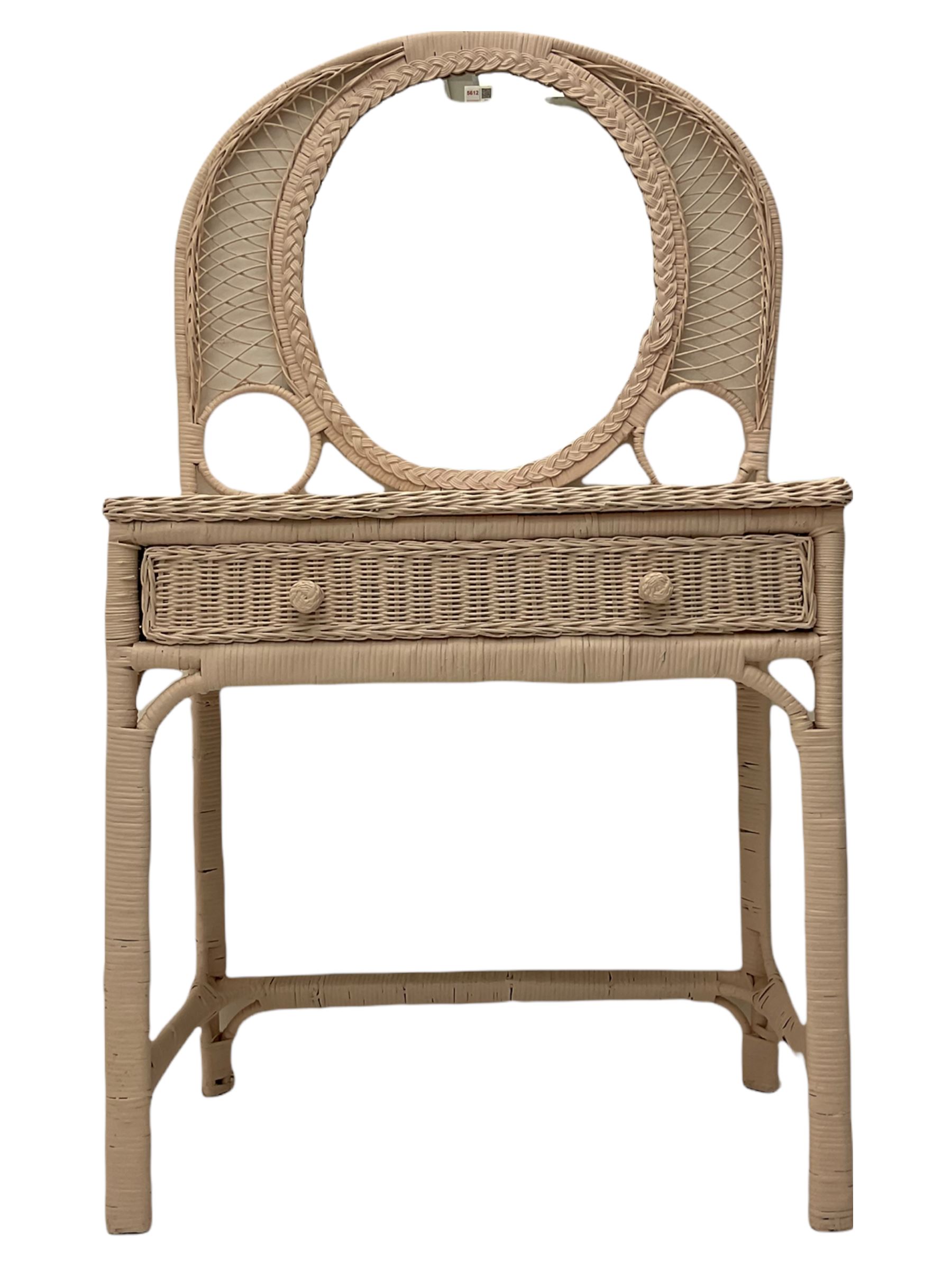 Lloyd Loom style furniture - wicker dressing table with raised mirror, cylinder linen bin, bedroom chair, bentwood chair with cane seat and a hoop and stick back chair (5)