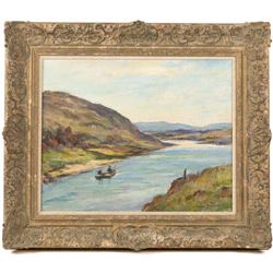 Owen Bowen (Staithes Group 1873-1967): Fishing Boat on a Vast Loch, oil on board signed 39.5cm x 49.5cm