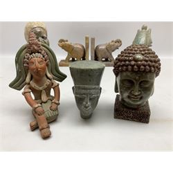 Pair of soapstone figural bookends carved with elephants, African soapstone bust, Buddha bust, Egyptian style etc, tallest H18cm