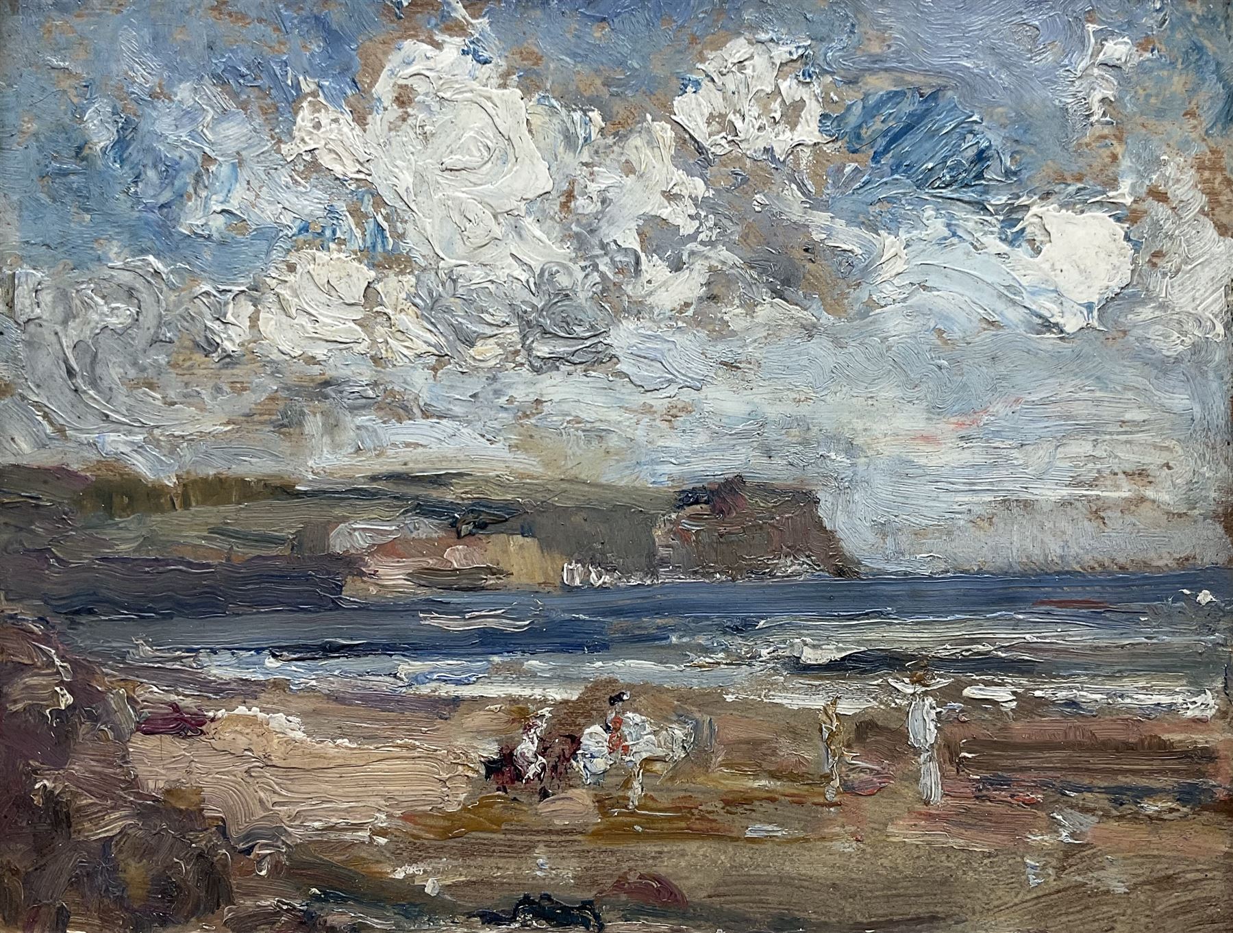 Margaret Fletcher Leadbitter (British exh.1908-1940): 'A Sunny Morning' - On the Beach near Robin Hood's Bay, oil on panel, signed titled and dated 1910 on label verso with artist's Harrogate address 18cm x 23cm
