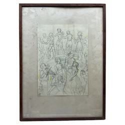 Dorothy B Barten (British mid-20th century): 'English Country Dance', pen ink and wash signed with monogram, labelled verso, 1951 RA label verso 36cm x 25cm
