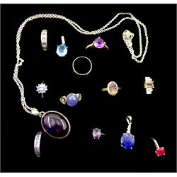 9ct gold Blue John ring, silver jewellery including faceted sapphire and cubic zirconia pendant, blue topaz pendant, tanzanite rings, cabochon chalcedony ring and amethyst pendant necklace etc, all stamped or tested