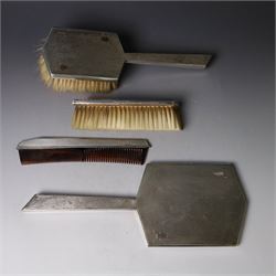 Mid 20th century silver mounted dressing table set, comprising hair brush, clothes brush, ...