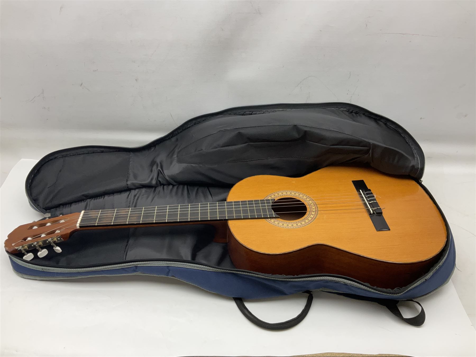 Spanish BM acoustic guitar with mahogany back and sides and spruce top L101cm; in cello carrying case; Roland foot pedal and two Yamaha foot pedals; tin D# organ pipe; folding music stand etc