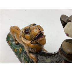 Late 19th century cast-iron mechanical money bank 'Lion and Two Monkeys' by Kyser & Rex with impressed patent mark for 17th July 1883 H25cm L23.5cm