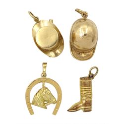 Three 9ct gold charms including boot, crop in hat and riding hat and an 18ct gold horses head in horseshoe charm