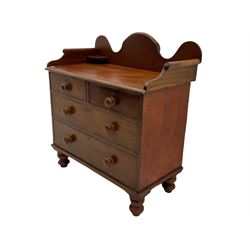 Victorian pine and mahogany washstand chest, fitted with raised shaped back, above two short and two long drawers