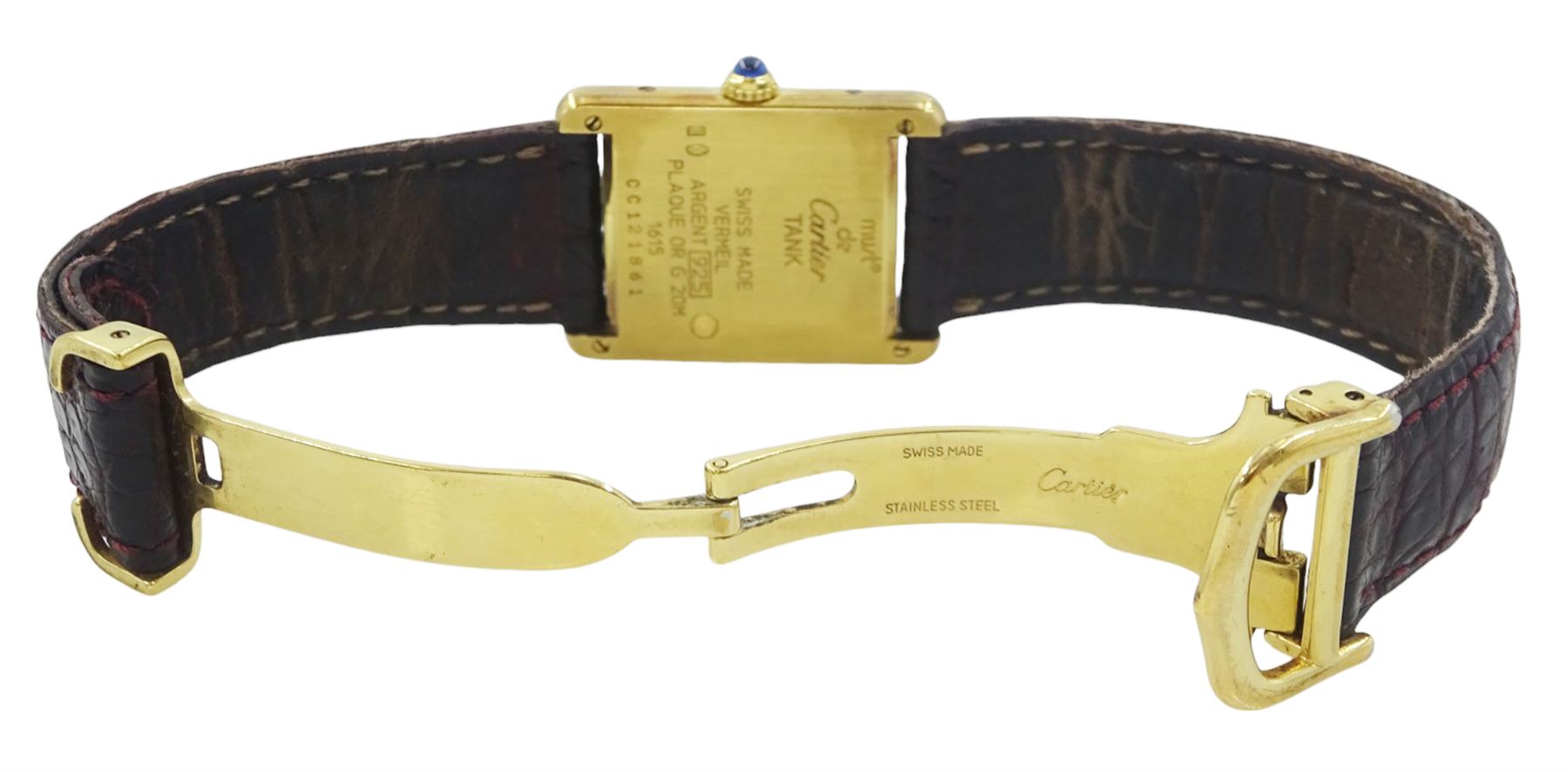 Must de Cartier Tank silver-gilt quartz wristwatch, Ref. 1615, cream dial with Roman numeral hour markers, hallmarked, on leather strap, with Cartier stainless steel fold-over clasp, boxed