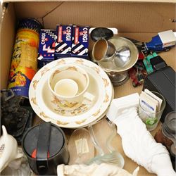 Various collection, including F.Remington's 'Rattlesnake', Royal Doulton Bunnykins plate, bowl mug and egg cup, three Corgi Die-Cast Model cars, Lenox China jewels Collection dolphin, two telescopes,  various local history books on Huddersfield and Yorkshire, Modern Wall Hanging Clan Crest for Elliot etc,  contents in two boxes 